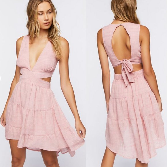 Boutique Dresses & Skirts - Cutout High-Low Midi Dress - Pink Linen Open Back Deep V Mini Dress